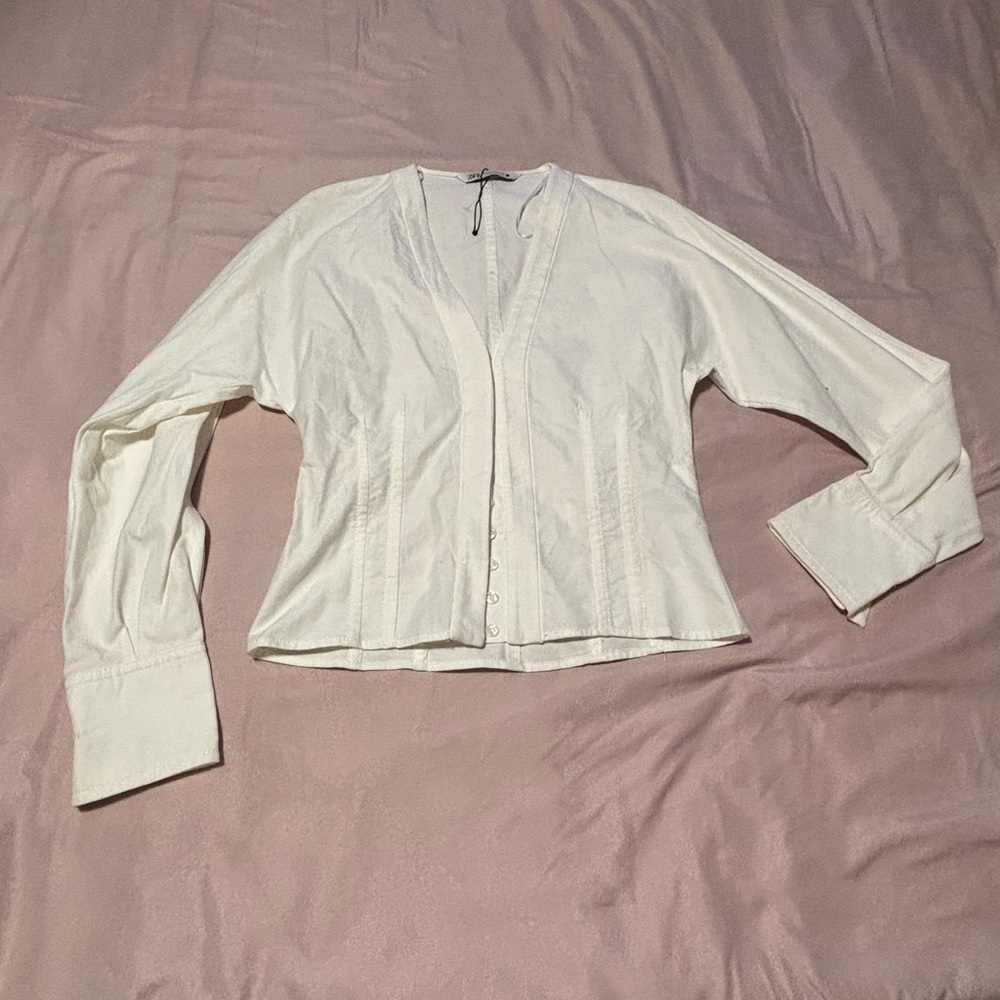 White Button-Front Long Sleeve Blouse